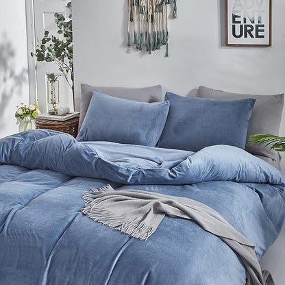 CLOTHKNOW Blue Fluffy Queen Comforter Set Velvet Bedding Comforter Sets Soft Grayish Blue Comforter with 2 x Pillow Cases