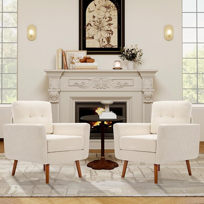 Tbfit Linen Fabric Accent Chairs Set of 2, Mid Century Modern Armchair for Living Room, Bedroom Button Tufted Upholstered Comfy Reading Accent Chair Sofa(Light Beige)