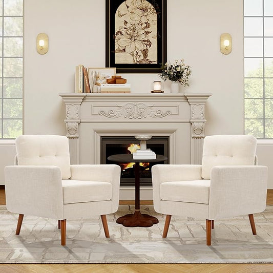 Tbfit Linen Fabric Accent Chairs Set of 2, Mid Century Modern Armchair for Living Room, Bedroom Button Tufted Upholstered Comfy Reading Accent Chair Sofa(Light Beige)