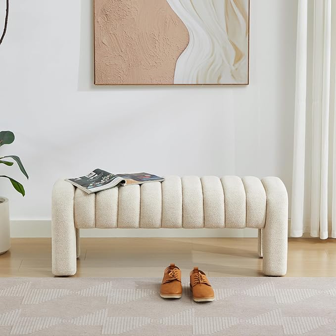 43’’ End of Bed Bench, Modern Linen Entryway Bench, Upholstered Ottoman Stool with Full Coverage Fabrics, Ottoman for Bedroom, Living Room, Dining Room, Beige