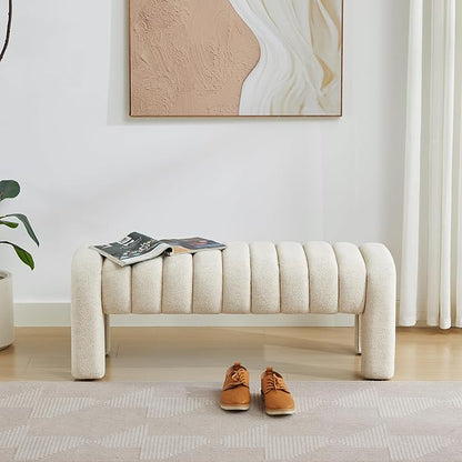 43’’ End of Bed Bench, Modern Linen Entryway Bench, Upholstered Ottoman Stool with Full Coverage Fabrics, Ottoman for Bedroom, Living Room, Dining Room, Beige