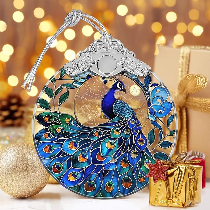 Peacock Stained Glass Ornament - Christmas Tree Decor, Peacock Ornaments for Holiday Gifts