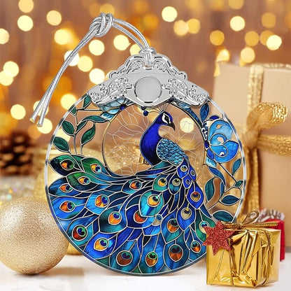 Peacock Stained Glass Ornament - Christmas Tree Decor, Peacock Ornaments for Holiday Gifts