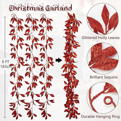 3 Pcs 6FT Christmas Garland Red Glittered Artificial Magnolia Leaves for Mantle Christmas Tree Decorations Indoor Outdoor Hanging Garland Ornaments Garden Door Wall Window Stair Holiday Home Decor