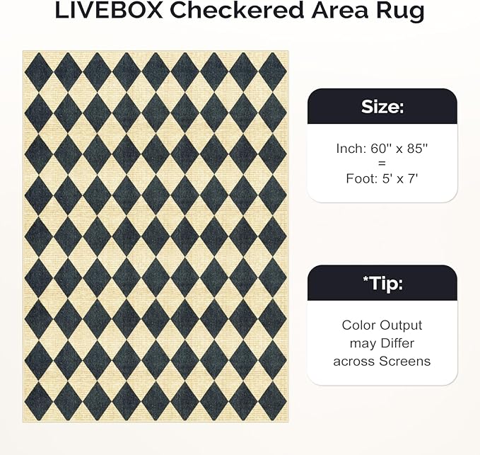 LIVEBOX 5x7 Checkered Rugs for Living Room, Washable Diamond Rug Non-Slip Modern Neutral Geometric Plaid Area Rugs for Bedroom, Low Pile Farmhouse Carpet for Office Kids Room Classroom Dorm, Black