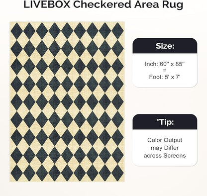 LIVEBOX 5x7 Checkered Rugs for Living Room, Washable Diamond Rug Non-Slip Modern Neutral Geometric Plaid Area Rugs for Bedroom, Low Pile Farmhouse Carpet for Office Kids Room Classroom Dorm, Black