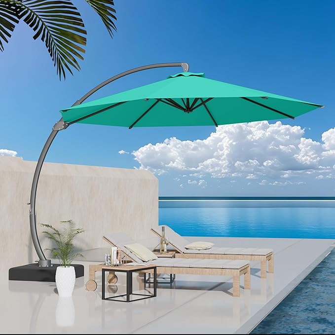 Kingdura 11ft Offset Cantilever Patio Umbrella with Base Included, Large Round Aluminum Outdoor Umbrella, 360° Rotation & Infinite Tilt, Heavy Duty Frame for Deck Pool Backyard, Turquoise Blue