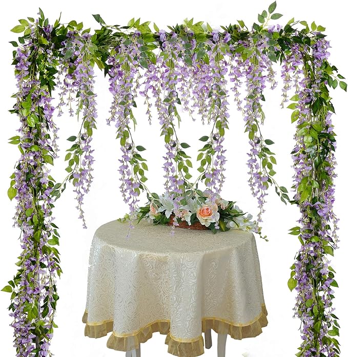 Lvydec Wisteria Artificial Garland, 4 Pcs Total 28.8ft Artificial Wisteria Vine Silk Hanging Flower for Home Garden Outdoor Ceremony Wedding Arch Floral Decor (Light Purple)
