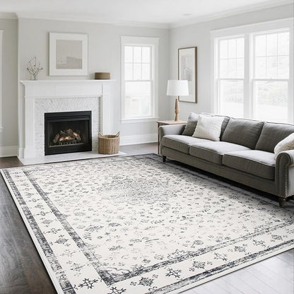 Washable Rugs 8x10 Area Rugs for Living Room,Rugs for Bedroom,Large Carpets,Ultra Soft Faux Wool Retro Dining Room Rug,Non Slip&Non-Shedding Low Pile Vintage Print Rug for Home Office-Grey