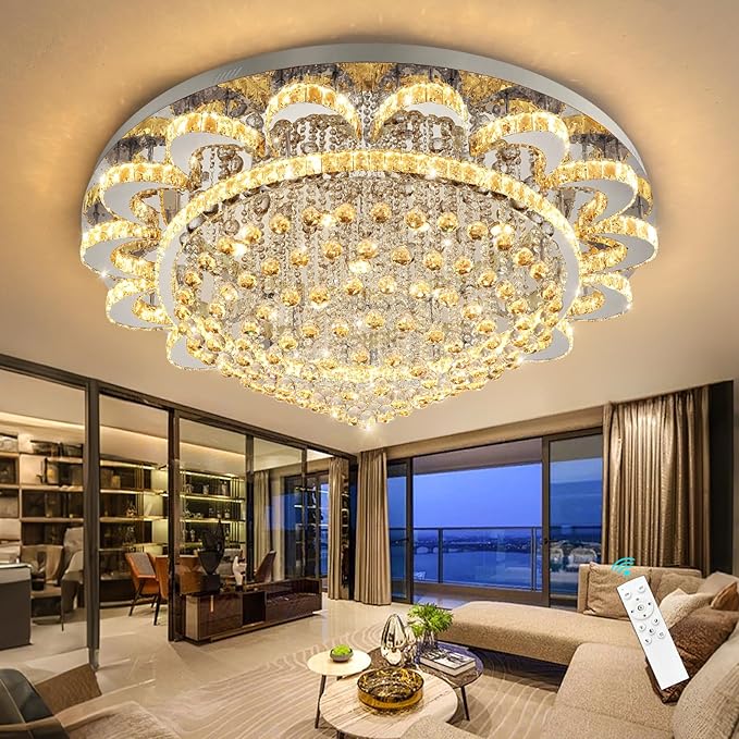 Modern Chandelier Living Room Light Large Luxury Chandeliers for High Ceiling Foyer Entryway Lights Dimmable 110W LEDs Crystal Silver Lighting Fixtures