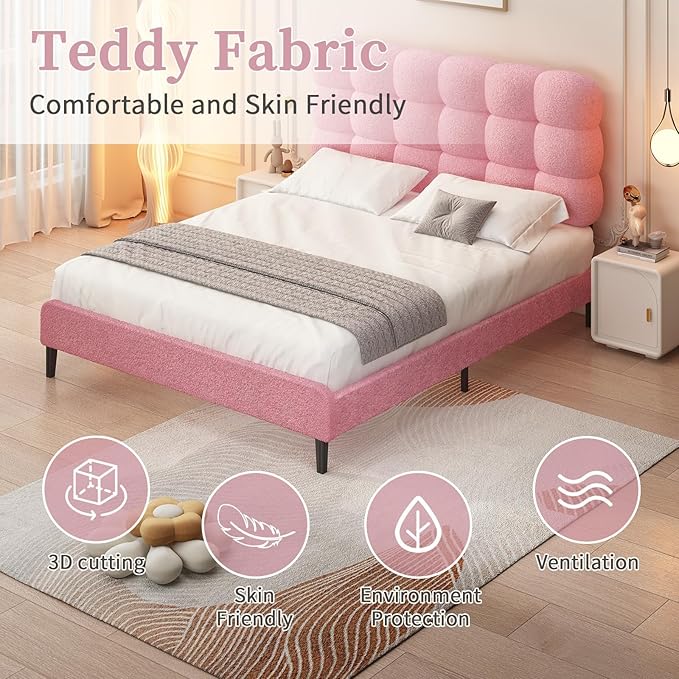 BarnFurin Queen Bed Frame with Soft Teddy Boucle Upholstered Headboard, Platform Bed with Strong Wooden Slats Support, Two Bed Forms Design, No Boxing Spring Needed, Easy Assembly, Pink