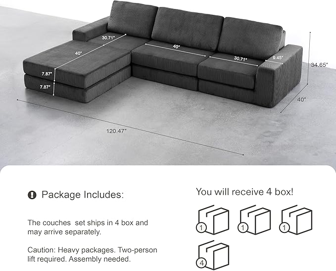 120.47‘’ Boneless Couch Cloud Modular Sectional Couches for Living Room, Oversize L-Shape Sofa with Deep Seat, Plush Corduroy 3-Seater with Ottoman, No Assembly Required