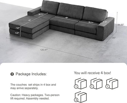 120.47‘’ Boneless Couch Cloud Modular Sectional Couches for Living Room, Oversize L-Shape Sofa with Deep Seat, Plush Corduroy 3-Seater with Ottoman, No Assembly Required