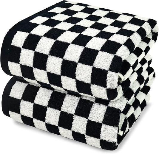 Jacquotha Bath Towels 100% Cotton Soft Absorbent Quick Dry Set of 2 Towels for Bathroom, Black & White Checkered