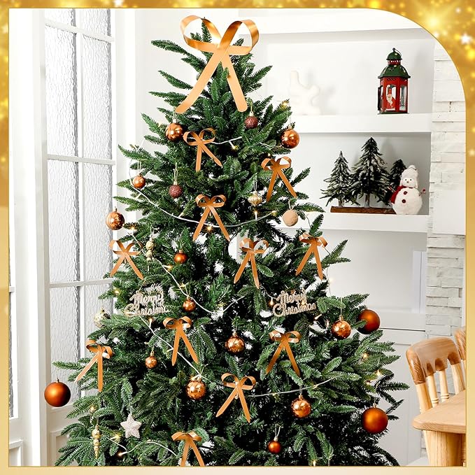 12 Pcs 2025 Metal Christmas Bow Ornaments for Christmas Tree Garland Wreath Bulk Bow with Clip Ornament Vintage Indoor Outdoor Home Xmas Party Decorations, 4 x 5 Inches (Khaki)