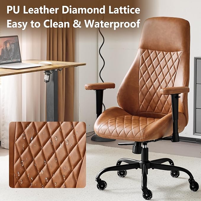 YFO Home Office Chair High Back Office Rubber Casters Ergonomic Computer Chair with Lumbar Support Adjustable Height Rolling Swivel Chair Executive Task Armrests， Brown Leather