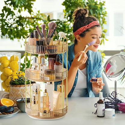 Aveniee 360° Rotating Makeup Organizer for Vanity, Upagraded Perfume Skincare Bathroom Counter Organizers with Brush Divider, 3 Tier Spinning Lipstick Cosmetic Lotion Storage,Gold