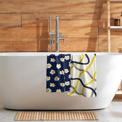Modern Kitchen Towels Set of 2 Navy Yellow Grey Geometric Stripe Microfiber
