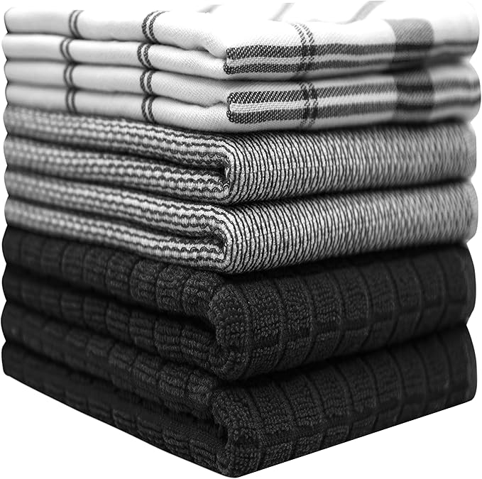 Premium Kitchen Towels 6 Pack Large Cotton Flat Terry Absorbent Tea Towels with Hanging Loop Black Check 20x28