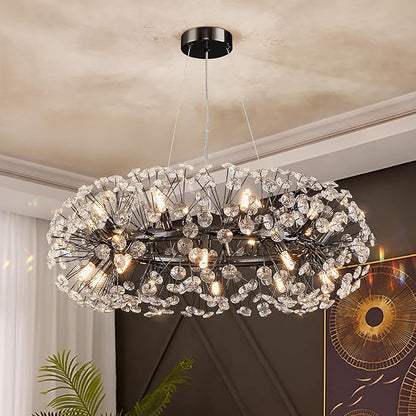 Modern Firework Chandelier, Farmhouse Black Crystal Round Dandelion Sputnik Chandeliers, 31.5" Contemporary 20-Light Pendant Hanging Lighting for Dining Room Kitchen Bedroom Living Room
