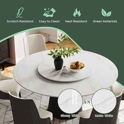 POVISON Round Dining Table for 6 with Lazy Susan, 59" Modern Round Dining Room Table, Glossy White Sintered Stone Tabletop with Black Carbon Steel Pedestal (Dining Table Only)