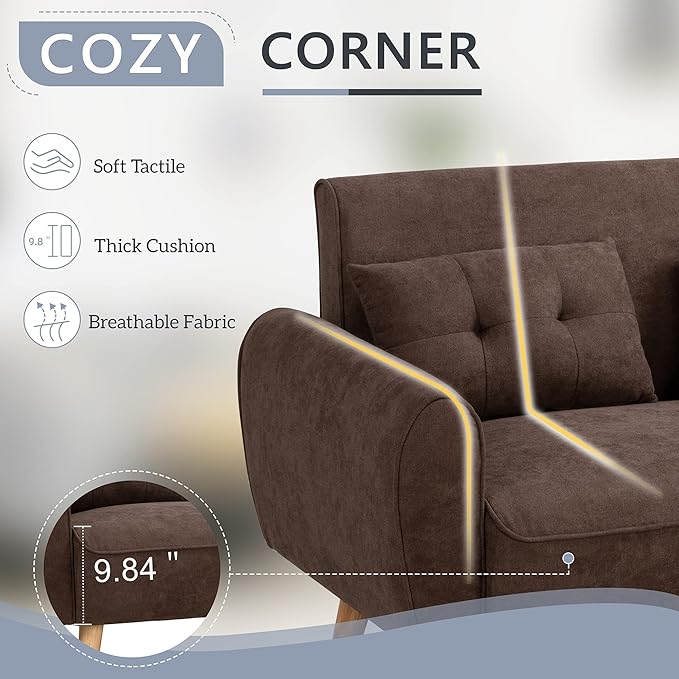 Shintenchi Loveseat Sofa Couch Mid Century Fabric Upholstered 2 Seater with Pillows, Brown