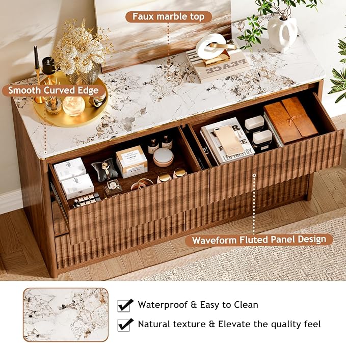 Fluted Dresser for Bedroom with 6 Drawers, 47.2" Modern Chest of Drawers with Faux Marble Top, Curved Profile Design,Dresser TV Stand, Wood Drawer Organizer for Living Room, Hallway, Walnut