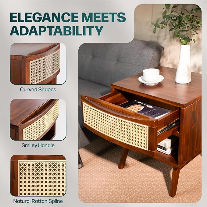 Bme Nancy Side Tables Bedroom, US Patent Pending Design, Acacia Wood Nightstand with Curved Shape and Inlaid Rattan, Nightstand with Drawers, Quick Leg Assembly, Dark Chocolate