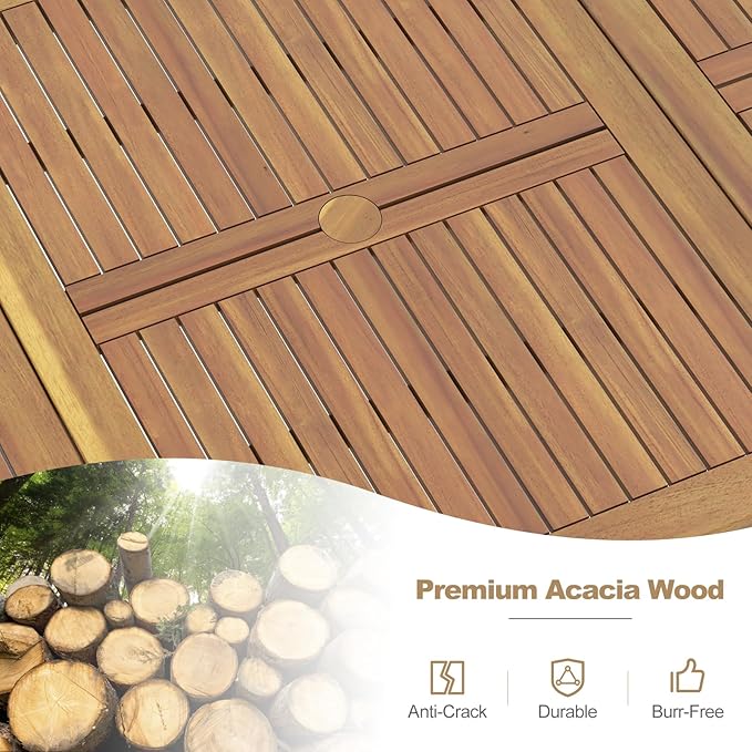 Tangkula 8-Person Outdoor Dining Table, 79 Inch Acacia Wood Patio Table with Umbrella Hole, Metal Legs & Adjustable Foot Pads, Farmhouse Bistro Table for Garden, Poolside & Backyard