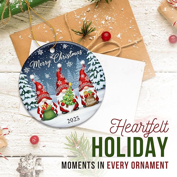 ZAGKOO Gnome Christmas Ornaments 2025 - Gnomes Gifts for Women - Gnome Ornament for Christmas Tree, Winter Gnomes Merry Xmas Decoration for Tree - Ceramic Dated Hanging Ornament 2025 Decoration