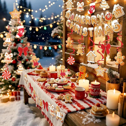 Merry Christmas Banners, Gingerbread Theme, Pre-Strung Holiday Party Décor with 20 Hanging Swirls for Home, Office, and School Celebrations