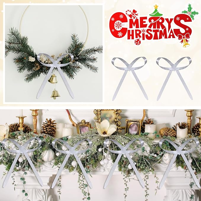 20 Pcs Christmas Metal Bow Ornaments with Clip, 5 x 6 Inch Christmas Bows Door Garland Decor Vintage Wreath Bow for Tree, Wreath, Gift Wrapping (20, White)