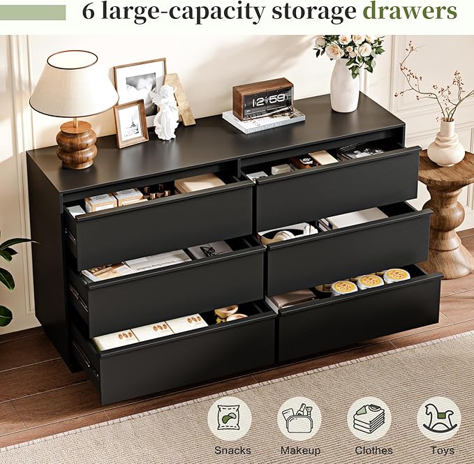 55.12" Modern Chest of Drawer, 6 Deep Drawers,Clothes Organizer,Large Storage Cabinet for Living Room, Bedroom,Dresser TV Stand, Wood Drawer Organizer for Living Room, Hallway,Black