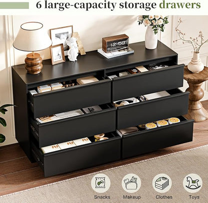 55.12" Modern Chest of Drawer, 6 Deep Drawers,Clothes Organizer,Large Storage Cabinet for Living Room, Bedroom,Dresser TV Stand, Wood Drawer Organizer for Living Room, Hallway,Black