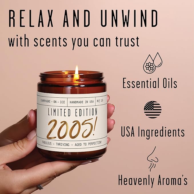 20th Birthday Gifts for Women - 'Limited Edition 2005' Soy Candle, w/Champagne on Ice I 20 Birthday Gifts for Women I 20th Gift for Her Ideas I 9oz Reusable Jar, 50Hr Burn, Made in USA