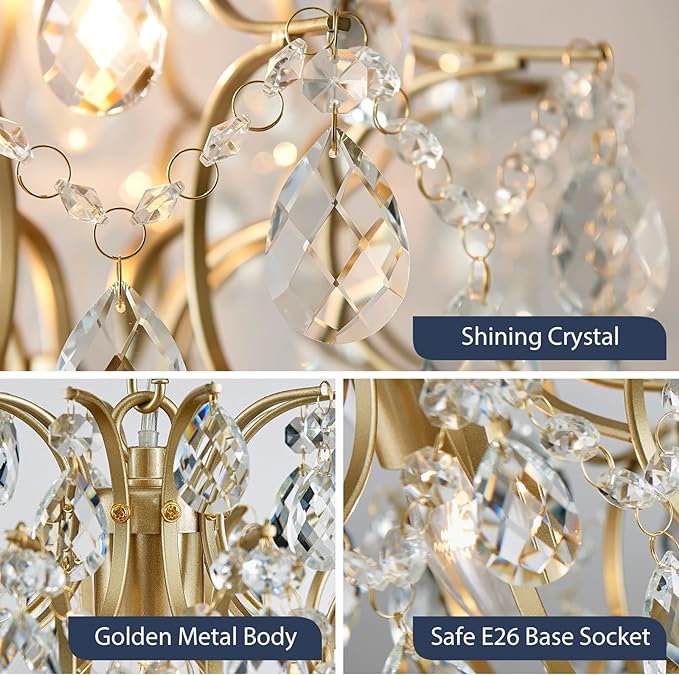 Bestier Gold Modern Pendant Chandelier Crystal Raindrop Lighting Ceiling Light Fixture Lamp for Dining Room Bathroom Bedroom Livingroom entryway 1 E26 Bulbs Required D13 in x H16 in