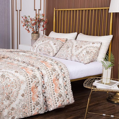 CLOTHKNOW Pumpkin White Floral Queen Comforter Set 3Pcs Botanical Bedding Comforter Sets Boho Comforter Pumpkin Comforter Queen with 2 x Pillow Cases