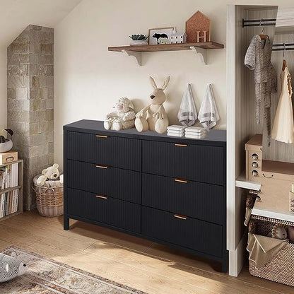Fluted 6 Drawer Double Dresser for Bedroom, 47" Wide Modern Closet Dressers Chest of Drawers, Wood Storage Dresser Organizer for Nursery Bedroom Living Room Hallway Closet, Black