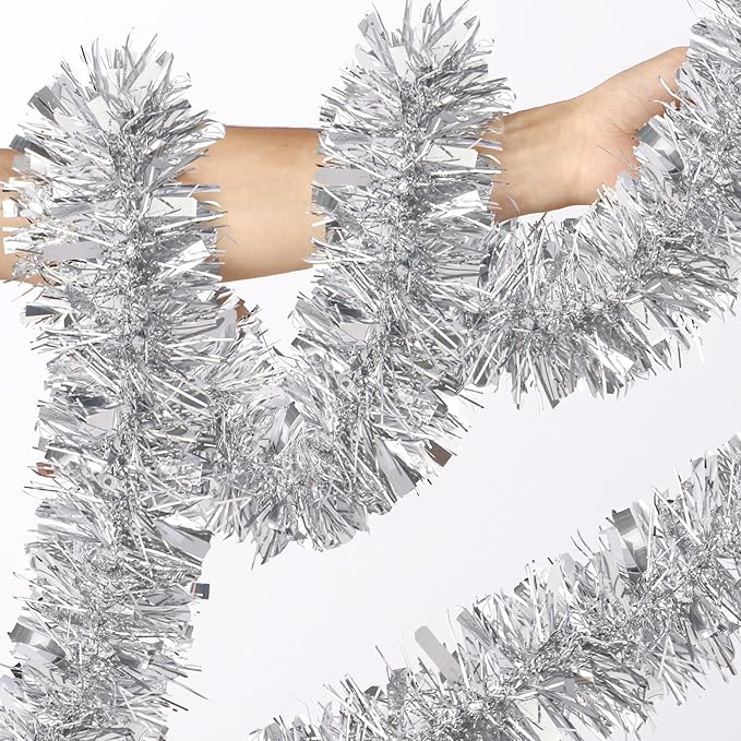 50Ft Christmas Tinsel Garland - Silver Shiny Metallic Twist Decor for Christmas Tree Home Stairs Railing Front Door Mantle Fireplace Indoor Outdoor Holiday Party