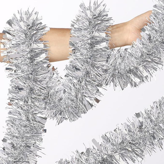 50Ft Christmas Tinsel Garland - Silver Shiny Metallic Twist Decor for Christmas Tree Home Stairs Railing Front Door Mantle Fireplace Indoor Outdoor Holiday Party