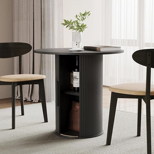 31.5" Round Dining Table for 2-4, Modern Kitchen Table with 2-Tier Storage Shelf, Small Wooden Circle Dining Tables with Fluted Base for Home Dining Room Living Room (Black)