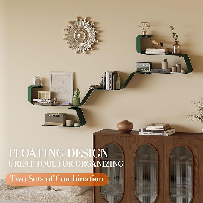 Floating Shelves, Wall Shelf, Set of 3 Mounted Metal Shelves with Unique Design for Wall Storage, Book Shelf, Display Shelves for Bathroom Bedroom Kitchen Living Room for Home Green