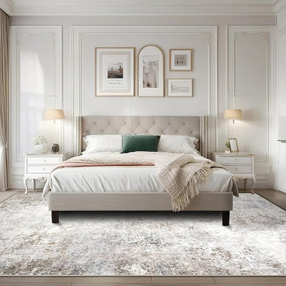 Washable Rugs 8x10 Area Rugs for Living Room,Modern Abstract Rugs for Bedroom,Large Carpets,Ultra Soft Faux Wool Retro Dining Room Rug,Non Slip&Non-Shedding Low Pile Print Rug- Beige Grey