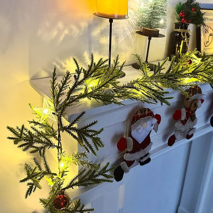 6 FT Artificial Christmas Pine Garland, Battery Operated 20 Warm Lights with Timer, Faux Greenery Spruce with Red Gold Ornaments and Stars, Holiday Decoration for Mantel Stair Doorway
