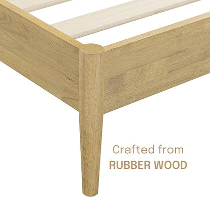 NTC Lupin Wooden Bed Frame with Headboard, Solid Oak and Rubber Wood Foundation with Silent Slats and Wood Central Supports, 1000 Lb Capacity, King - Sand