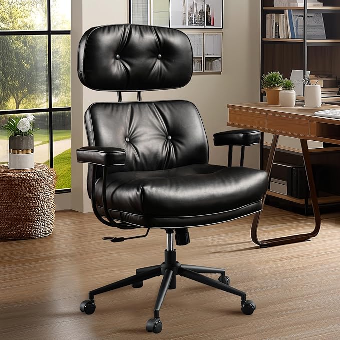 Mid Century Modren Big and Tall Office Chair,Large Ergonomic Executive Chair for Heavy Duty People, Desk Task Chair with Wheels, Faux Lether Fabric Wide Chair for Home Sturdy,Black