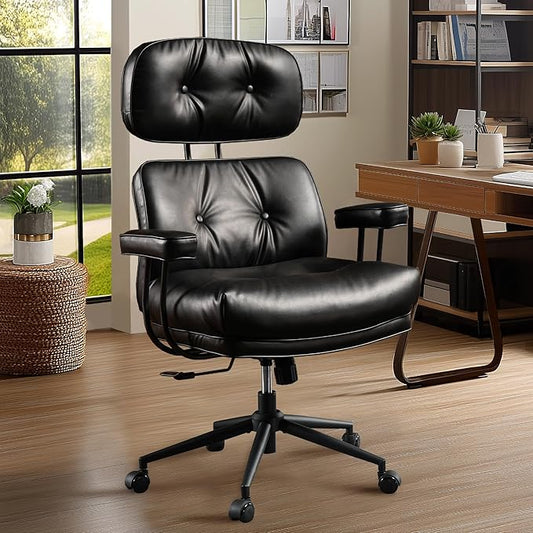 Mid Century Modren Big and Tall Office Chair,Large Ergonomic Executive Chair for Heavy Duty People, Desk Task Chair with Wheels, Faux Lether Fabric Wide Chair for Home Sturdy,Black
