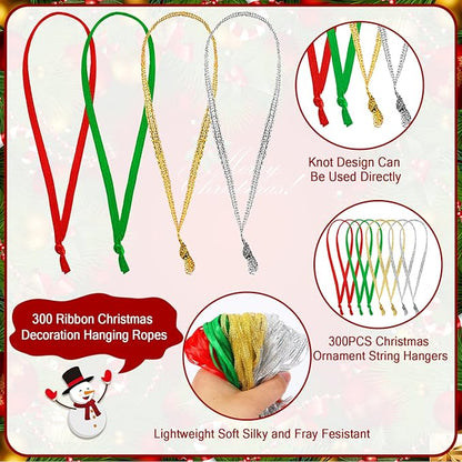 JUNEBRUSHS 300Pcs Christmas Ornament Hangers, Hand Tied String Ties Ornament Loops Thin Ribbon for Ornaments Christmas Tree Hanging Decoration (Gold Silver Red Green)