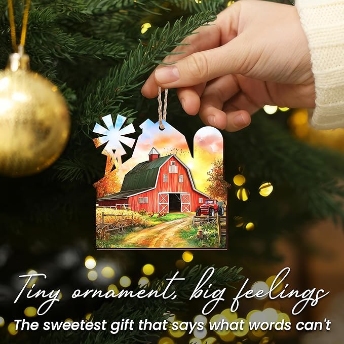 OASSIE Christmas Farmer Gifts for Women Men - Wooden Rustic Farmhouse Ornaments for Tree Decorations - Red Barn Rustic Gifts for Farmers, Farmhouse Christmas Decor, Xmas Gift for Farmer