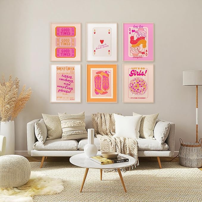 Hot Pink Wall Art Decor Trendy Aesthetic Pictures Preppy Funky Wall Art Poker Retro Poster Orange Vintage Canvas Hot Pink Artwork Western Prints Cowgirl Painting Dorm Room 8x10 Inch Unframed Set of 6